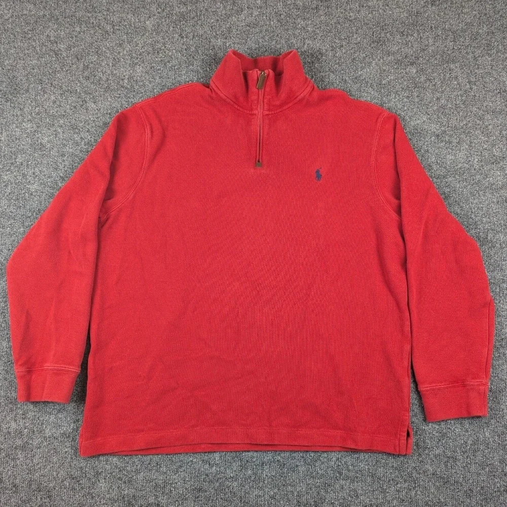 Polo Ralph Lauren Mens XL Red 100% Cotton Quarter Zip Pullover Sweater Logo
